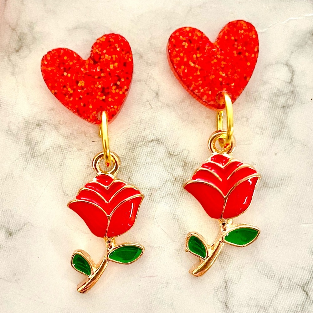 Red Heart Rose Earrings